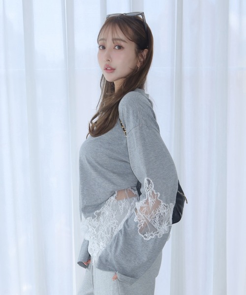JOSE MOON(ジョゼムーン)の「LACE DOCKING LONG TEE/レースドッキングロングT(Tシャツ/カットソー・レディース・ライトピンク/ブラック/ホワイト/グレー・FREE)」の9枚目の写真