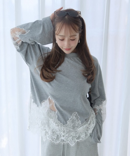 JOSE MOON(ジョゼムーン)の「LACE DOCKING LONG TEE/レースドッキングロングT(Tシャツ/カットソー・レディース・ライトピンク/ブラック/ホワイト/グレー・FREE)」の8枚目の写真