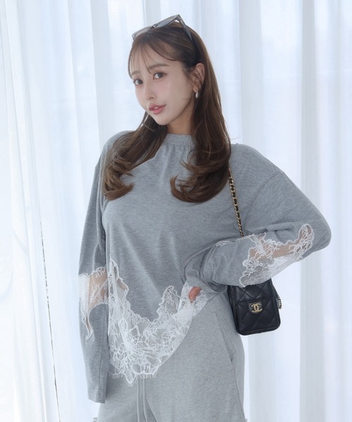 JOSE MOON(ジョゼムーン)の「LACE DOCKING LONG TEE/レースドッキングロングT(Tシャツ/カットソー・レディース・ライトピンク/ブラック/ホワイト/グレー・FREE)」の7枚目の写真