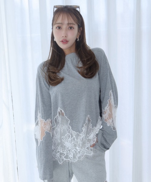 JOSE MOON(ジョゼムーン)の「LACE DOCKING LONG TEE/レースドッキングロングT(Tシャツ/カットソー・レディース・ライトピンク/ブラック/ホワイト/グレー・FREE)」の18枚目の写真