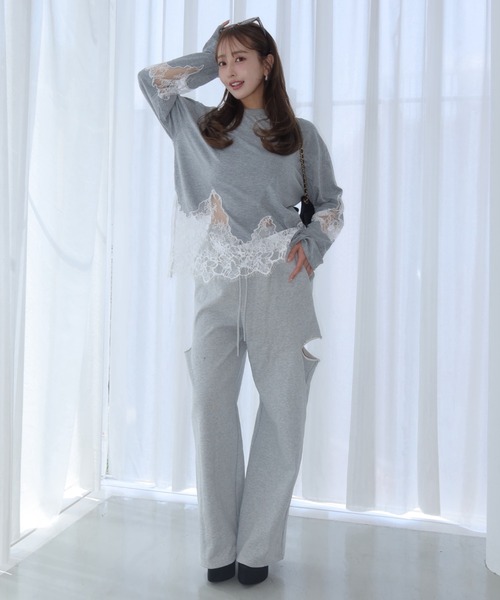 JOSE MOON(ジョゼムーン)の「LACE DOCKING LONG TEE/レースドッキングロングT(Tシャツ/カットソー・レディース・ライトピンク/ブラック/ホワイト/グレー・FREE)」の10枚目の写真