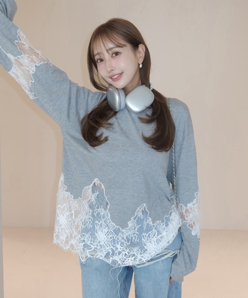 JOSE MOON(ジョゼムーン)の「LACE DOCKING LONG TEE/レースドッキングロングT(Tシャツ/カットソー・レディース・ライトピンク/ブラック/ホワイト/グレー・FREE)」の16枚目の写真