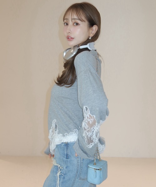 JOSE MOON(ジョゼムーン)の「LACE DOCKING LONG TEE/レースドッキングロングT(Tシャツ/カットソー・レディース・ライトピンク/ブラック/ホワイト/グレー・FREE)」の17枚目の写真