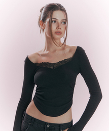 Vera Lace Shirring Long Sleeve Top (Deep Charcoal)