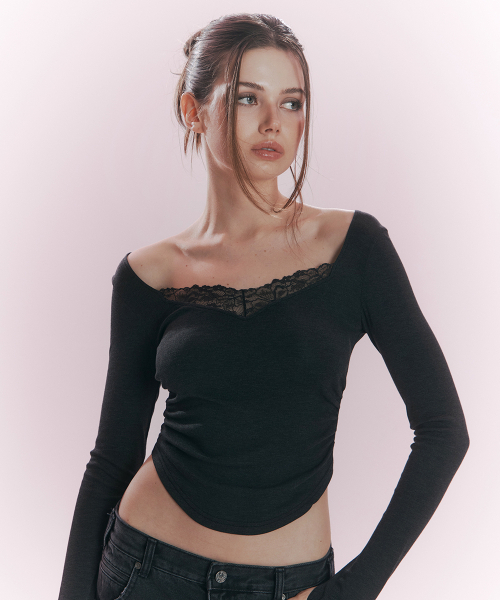 PLEASENOFOLLOW(プリーズノーフォロー)の「Vera Lace Shirring Long Sleeve Top (Deep Charcoal)(Tシャツ/カットソー・レディース・その他・FREE)」の1枚目の写真