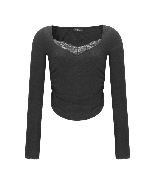 PLEASENOFOLLOW(プリーズノーフォロー)の「Vera Lace Shirring Long Sleeve Top (Deep Charcoal)(Tシャツ/カットソー・レディース・その他・FREE)」の2枚目の写真