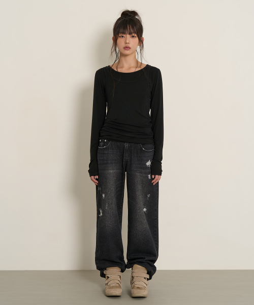 PEPLEE(ペプリー)の「ダブルバックポケットダメージデニムパンツ(ブラック)(デニムパンツ・レディース・その他・MEDIUM/LARGE/SMALL)」の1枚目の写真