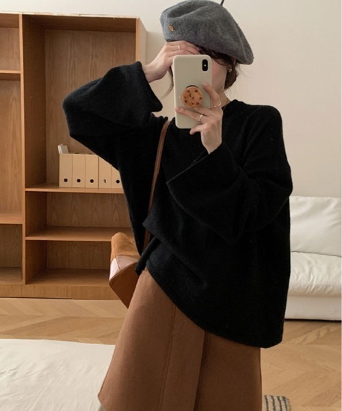 kirakiraShop(キラキラショップ)の「オーバーサイズ クルーネック ニット トップス(ニット/セーター・レディース・モカ/杢グレー/クリーム/ブラック・FREE)」の2枚目の写真