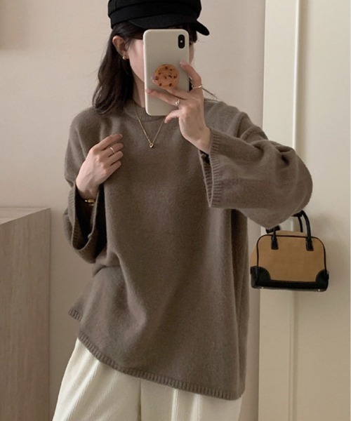 kirakiraShop(キラキラショップ)の「オーバーサイズ クルーネック ニット トップス(ニット/セーター・レディース・モカ/杢グレー/クリーム/ブラック・FREE)」の4枚目の写真