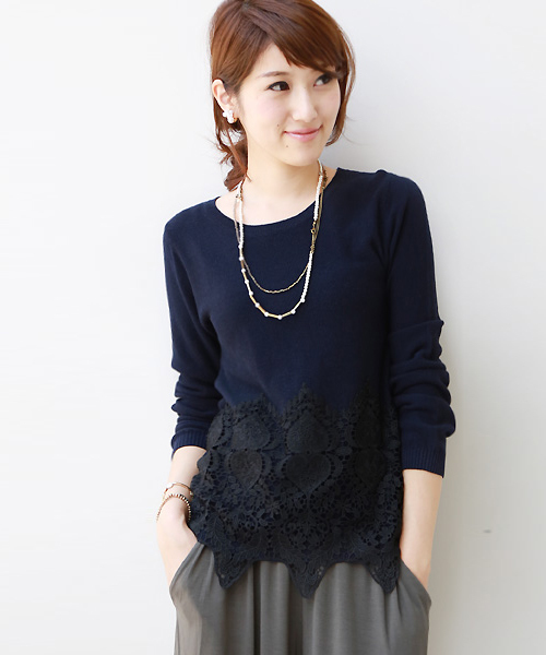 REAL CUBE(リアルキューブ)の「REAL CUBE ワイドレース鹿の子ニット(ニット/セーター・レディース・グレー/キナリ/ネイビー・38)」の1枚目の写真