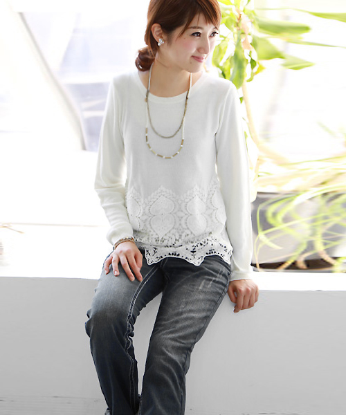 REAL CUBE(リアルキューブ)の「REAL CUBE ワイドレース鹿の子ニット(ニット/セーター・レディース・グレー/キナリ/ネイビー・38)」の2枚目の写真