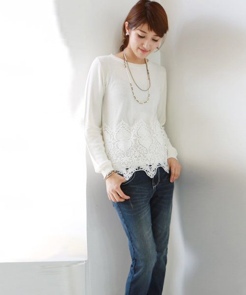 REAL CUBE(リアルキューブ)の「REAL CUBE ワイドレース鹿の子ニット(ニット/セーター・レディース・グレー/キナリ/ネイビー・38)」の5枚目の写真