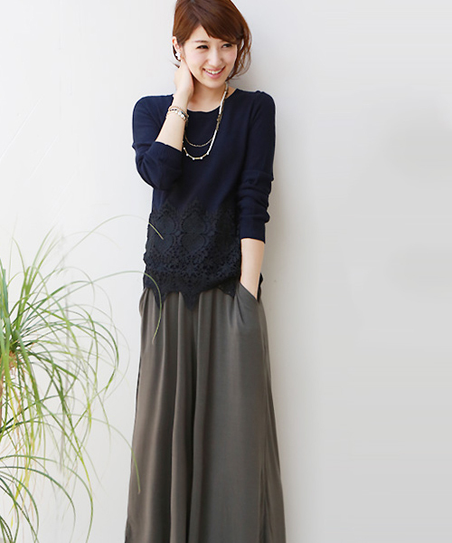 REAL CUBE(リアルキューブ)の「REAL CUBE ワイドレース鹿の子ニット(ニット/セーター・レディース・グレー/キナリ/ネイビー・38)」の6枚目の写真