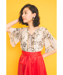 DOLLUPOOPS | <doll up oops> モノクロボタニカル　フレアスリーブライン　ブラウス　[オリジナルプリント](シャツ/ブラウス)