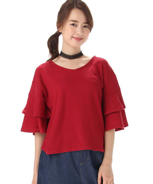 Honeys（ハニーズ）の「フリル袖プルオーバー（Tシャツ/カットソー・レディース・マスタード/アイボリー/ブラック/レッド/グリーン・L/M）」の6枚目の写真