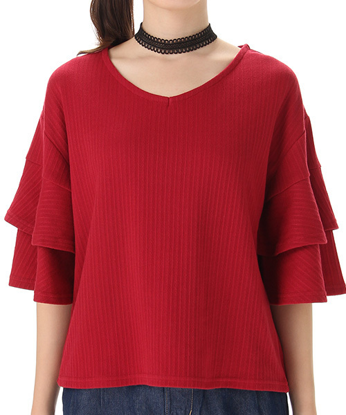 Honeys（ハニーズ）の「フリル袖プルオーバー（Tシャツ/カットソー・レディース・マスタード/アイボリー/ブラック/レッド/グリーン・L/M）」の9枚目の写真