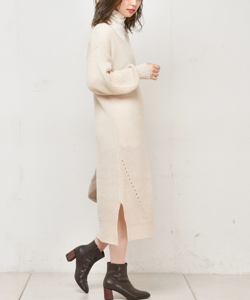 natural couture（ナチュラルクチュール）の「畦編み後ろファスナーニットワンピース（ワンピース・レディース・ブラック/グリーン/アイボリー/ダークパープル・FREE）」の8枚目の写真