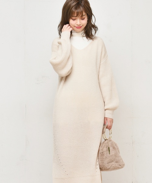 natural couture（ナチュラルクチュール）の「畦編み後ろファスナーニットワンピース（ワンピース・レディース・ブラック/グリーン/アイボリー/ダークパープル・FREE）」の9枚目の写真