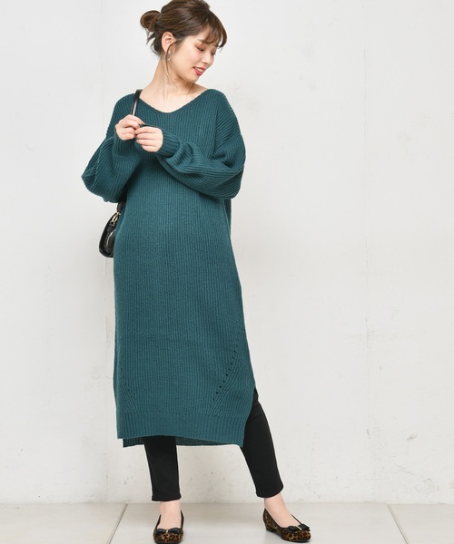 natural couture（ナチュラルクチュール）の「畦編み後ろファスナーニットワンピース（ワンピース・レディース・ブラック/グリーン/アイボリー/ダークパープル・FREE）」の10枚目の写真