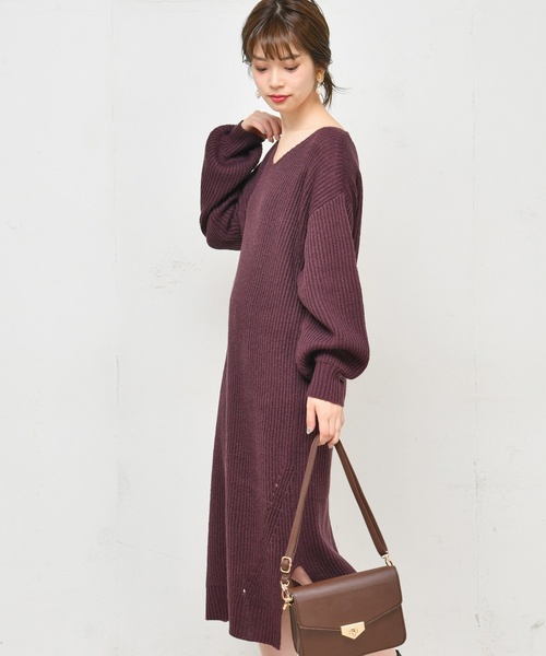 natural couture（ナチュラルクチュール）の「畦編み後ろファスナーニットワンピース（ワンピース・レディース・ブラック/グリーン/アイボリー/ダークパープル・FREE）」の19枚目の写真