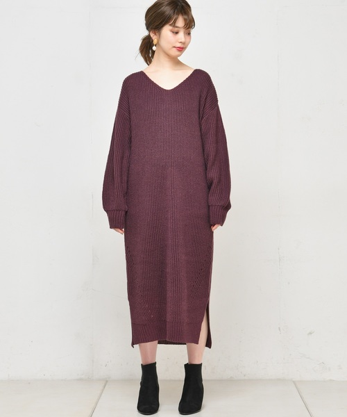 natural couture（ナチュラルクチュール）の「畦編み後ろファスナーニットワンピース（ワンピース・レディース・ブラック/グリーン/アイボリー/ダークパープル・FREE）」の6枚目の写真