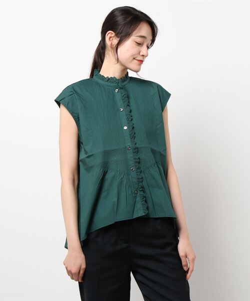 MIDIUMISOLID　ピンタックヨークシャツ　くすみ薄グリーン　54186 MARcourt｜MIDIUMISOLID for Ladies ハーフスリーブワイドシャツ