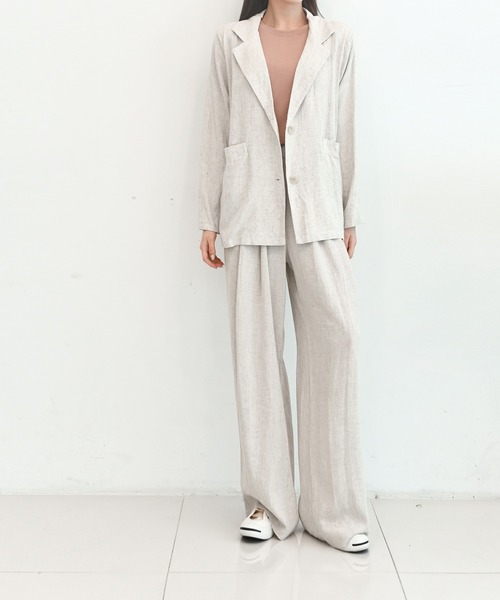 me+em select(ミームセレクト)の「【リネンセットアップ】リラクシージャケット×タックワイドパンツ SET(セットアップ・レディース・オートミール/ブラック・FREE)」の6枚目の写真