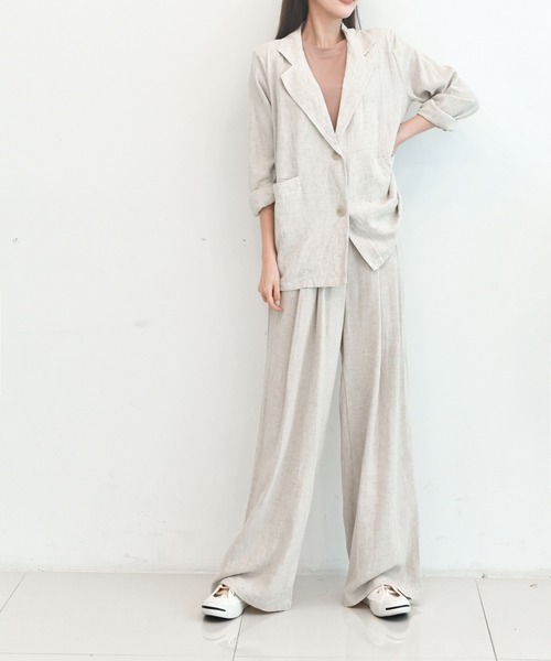 me+em select(ミームセレクト)の「【リネンセットアップ】リラクシージャケット×タックワイドパンツ SET(セットアップ・レディース・オートミール/ブラック・FREE)」の9枚目の写真