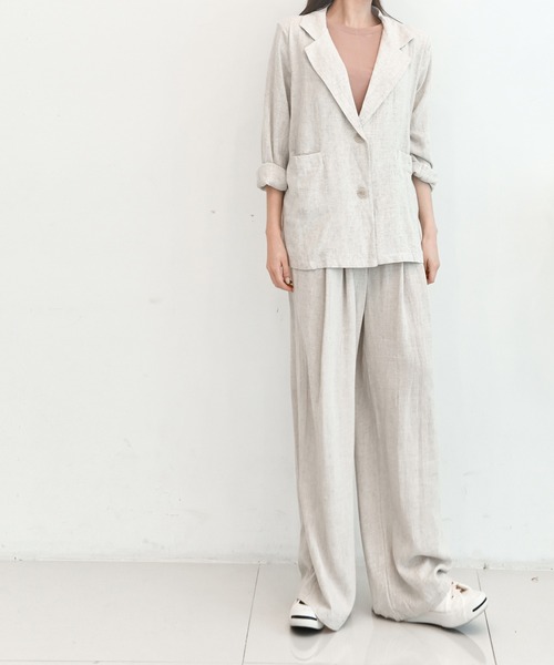 me+em select(ミームセレクト)の「【リネンセットアップ】リラクシージャケット×タックワイドパンツ SET(セットアップ・レディース・オートミール/ブラック・FREE)」の13枚目の写真