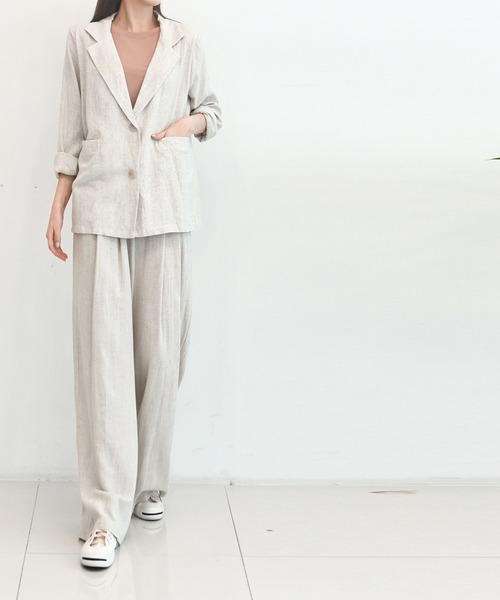 me+em select(ミームセレクト)の「【リネンセットアップ】リラクシージャケット×タックワイドパンツ SET(セットアップ・レディース・オートミール/ブラック・FREE)」の14枚目の写真