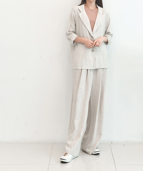 me+em select(ミームセレクト)の「【リネンセットアップ】リラクシージャケット×タックワイドパンツ SET(セットアップ・レディース・オートミール/ブラック・FREE)」の16枚目の写真