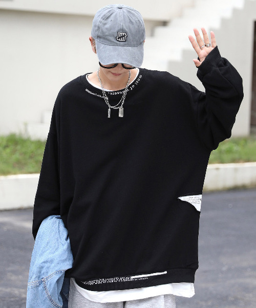 neos(ネオス)の「【neos -addictive design-】ビッグシルエット フェイクレイヤード ダメージ加工 スウェット プルオーバー(スウェット・メンズ・ブラック/グレー/ブルー・MEDIUM/LARGE/X-LARGE)」の2枚目の写真
