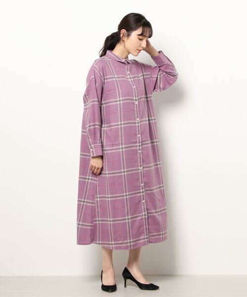 Lugnoncure(ルノンキュール)の「ネルチェックシャツワンピース(シャツワンピース・レディース・ネイビー/パープル/ベージュ・フリ-)」の6枚目の写真