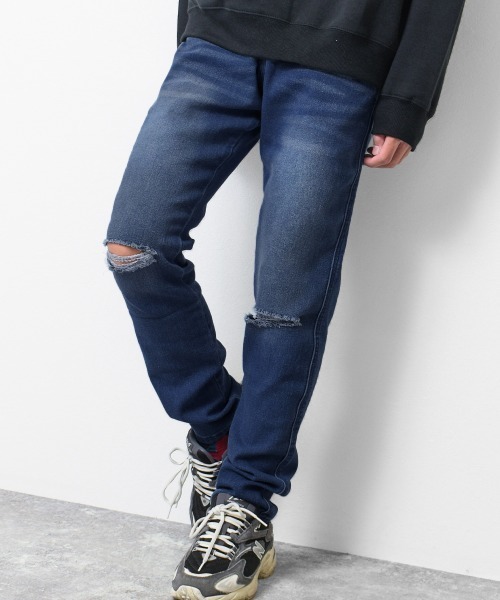 RAT EFFECT(ラットエフェクト)の「デニムクラッシュ加工スリムストレートパンツ(デニムパンツ・キッズ・ネイビー/ブルー・130/160/140/120/150/170)」の1枚目の写真