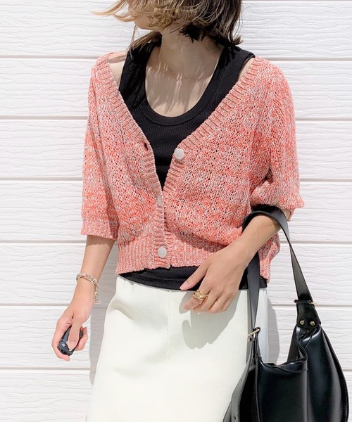 Q(キュー)の「MIX ざっくりショートカーデ(カーディガン/ボレロ・レディース・ライトブルー/オレンジ・MEDIUM)」の1枚目の写真