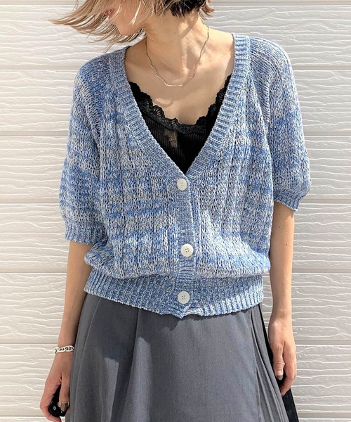 Q(キュー)の「MIX ざっくりショートカーデ(カーディガン/ボレロ・レディース・ライトブルー/オレンジ・MEDIUM)」の12枚目の写真