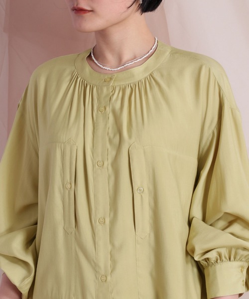 cepo（セポ）の「ビックポケットシャーリングワンピース（シャツワンピース・レディース・ブラック/オフホワイト/イエロー・M）」の5枚目の写真