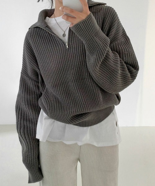 BEIDELLI（ベイデリー）の「[BELLIDE MADE] ルーズフィットワッフルハーフジップニット（ニット/セーター・レディース・ブラック/グレー/スカイブルー・FREE）」の3枚目の写真