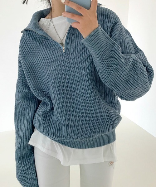 BEIDELLI（ベイデリー）の「[BELLIDE MADE] ルーズフィットワッフルハーフジップニット（ニット/セーター・レディース・ブラック/グレー/スカイブルー・FREE）」の7枚目の写真