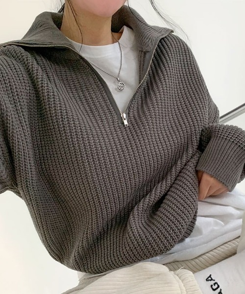 BEIDELLI（ベイデリー）の「[BELLIDE MADE] ルーズフィットワッフルハーフジップニット（ニット/セーター・レディース・ブラック/グレー/スカイブルー・FREE）」の5枚目の写真