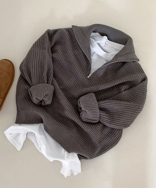 BEIDELLI（ベイデリー）の「[BELLIDE MADE] ルーズフィットワッフルハーフジップニット（ニット/セーター・レディース・ブラック/グレー/スカイブルー・FREE）」の6枚目の写真