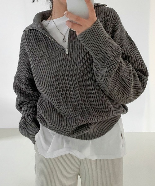 BEIDELLI（ベイデリー）の「[BELLIDE MADE] ルーズフィットワッフルハーフジップニット（ニット/セーター・レディース・ブラック/グレー/スカイブルー・FREE）」の11枚目の写真