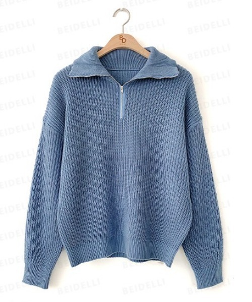 BEIDELLI（ベイデリー）の「[BELLIDE MADE] ルーズフィットワッフルハーフジップニット（ニット/セーター・レディース・ブラック/グレー/スカイブルー・FREE）」の12枚目の写真