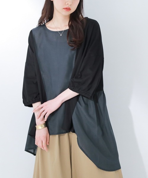 osharewalker（オシャレウォーカー）の「【廃盤】『配色異素材切替アシメカットソー』（Tシャツ/カットソー・レディース・ブラック/杢グレー/グレイッシュブルー・FREE）」の2枚目の写真