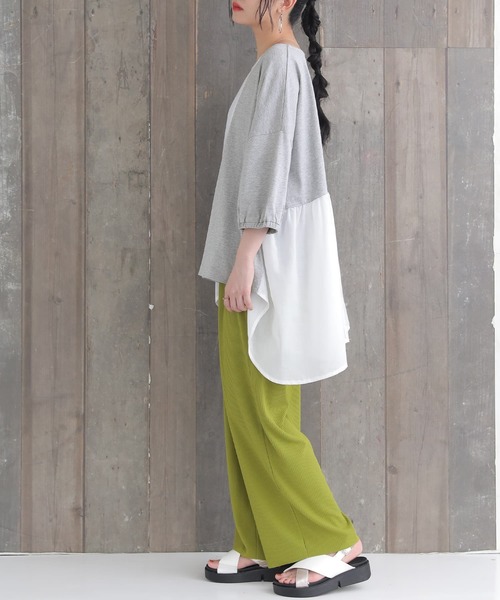 osharewalker（オシャレウォーカー）の「【廃盤】『配色異素材切替アシメカットソー』（Tシャツ/カットソー・レディース・ブラック/杢グレー/グレイッシュブルー・FREE）」の9枚目の写真