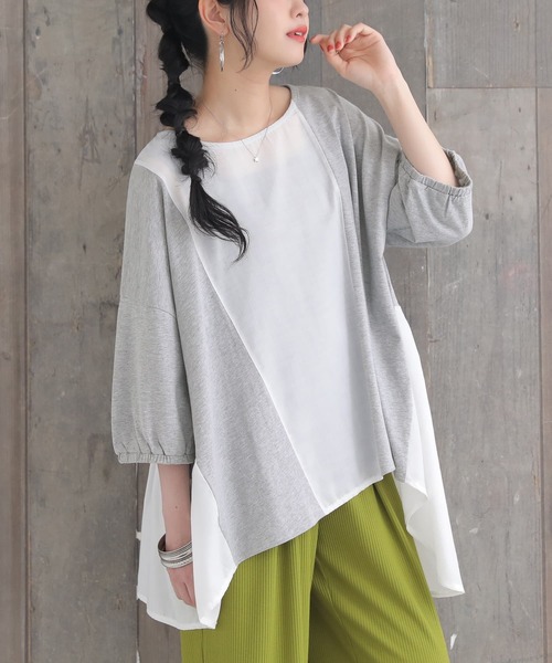 osharewalker（オシャレウォーカー）の「【廃盤】『配色異素材切替アシメカットソー』（Tシャツ/カットソー・レディース・ブラック/杢グレー/グレイッシュブルー・FREE）」の4枚目の写真