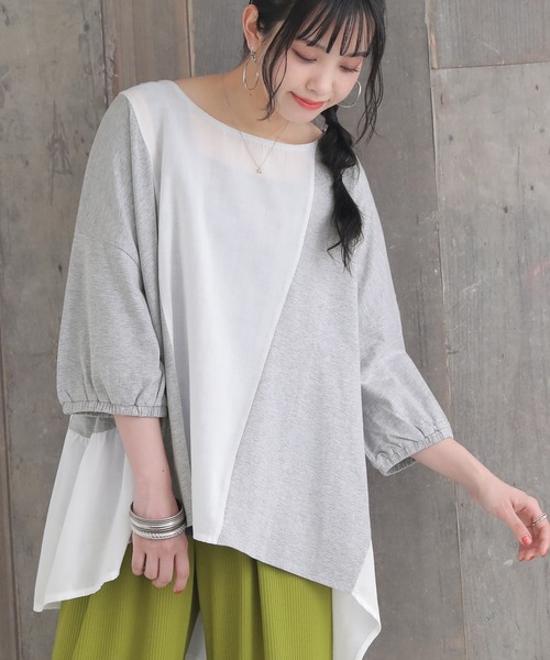 osharewalker（オシャレウォーカー）の「【廃盤】『配色異素材切替アシメカットソー』（Tシャツ/カットソー・レディース・ブラック/杢グレー/グレイッシュブルー・FREE）」の5枚目の写真