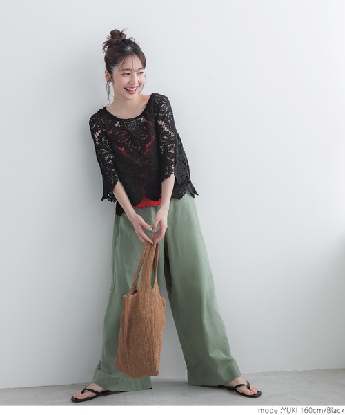 coca（coca）（コカ）の「クロシェフレアスリーブトップス（Tシャツ/カットソー・レディース・ブラック/アイボリー・ONE SIZE）」の3枚目の写真