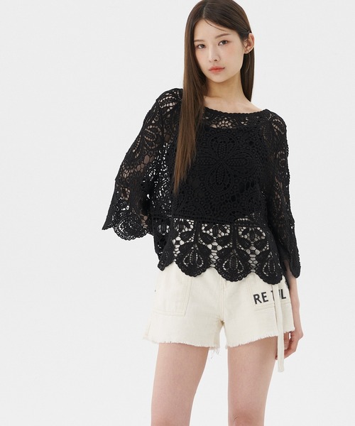 coca（coca）（コカ）の「クロシェフレアスリーブトップス（Tシャツ/カットソー・レディース・ブラック/アイボリー・ONE SIZE）」の18枚目の写真