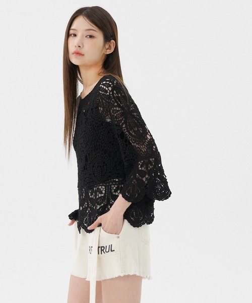 coca（coca）（コカ）の「クロシェフレアスリーブトップス（Tシャツ/カットソー・レディース・ブラック/アイボリー・ONE SIZE）」の17枚目の写真